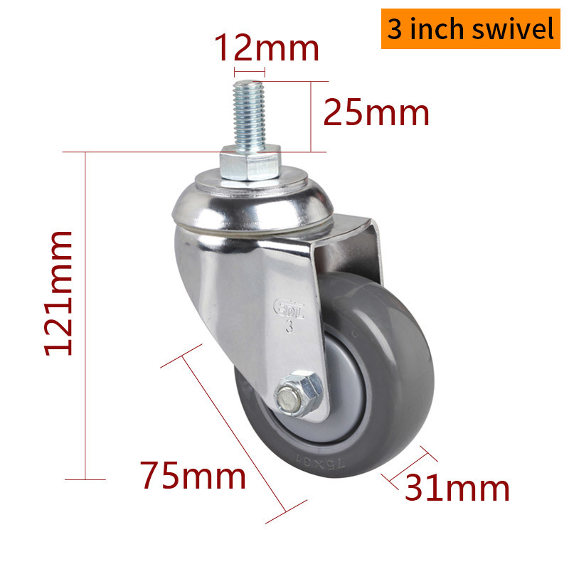 Industrial TPU 3 Inch Caster Wheels 130kg Chrome Coating Threaded Swivel / Brake