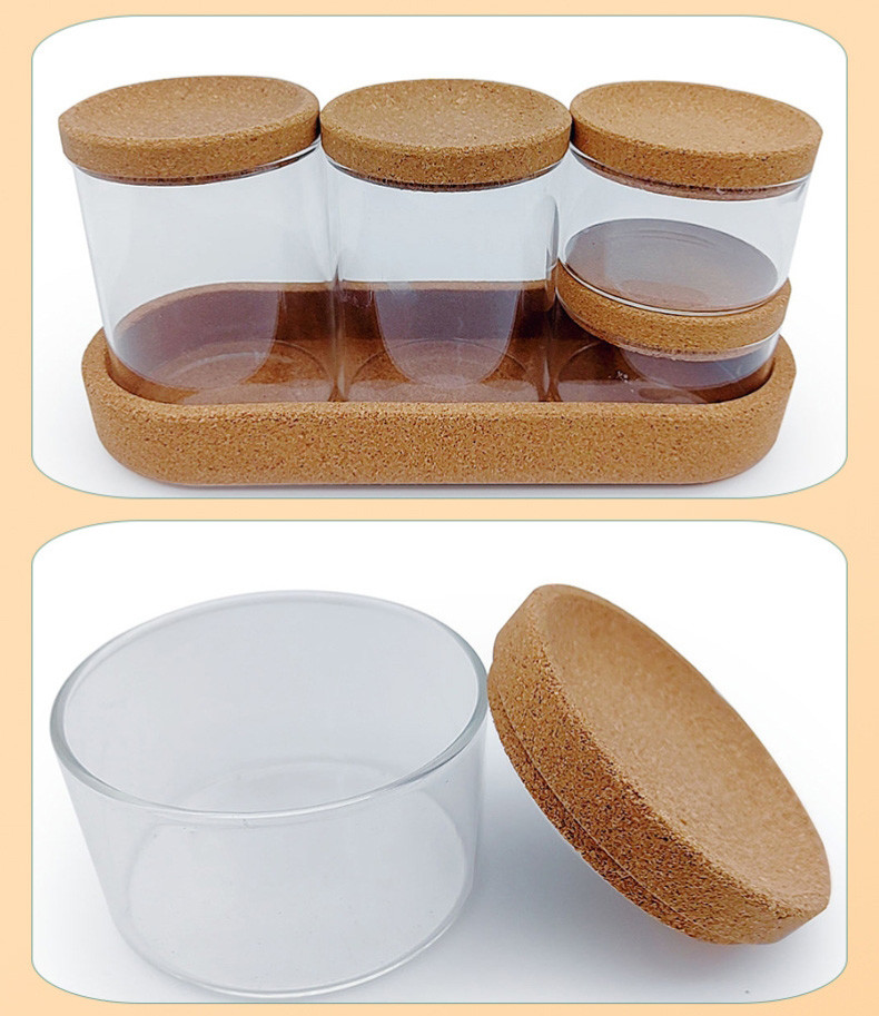 Eco-Friendly Cork Lids And Cork Tray For Set Of Cork Storage Jars