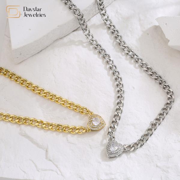 Love Diamond Zircon Charm Heart Pendant Necklace Stainless Steel Cuban Link