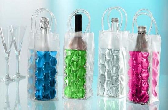 Colorful Handle Plastic Wine Bottle Cooler Bags , Customized PVC Wine Ice Pack Bag