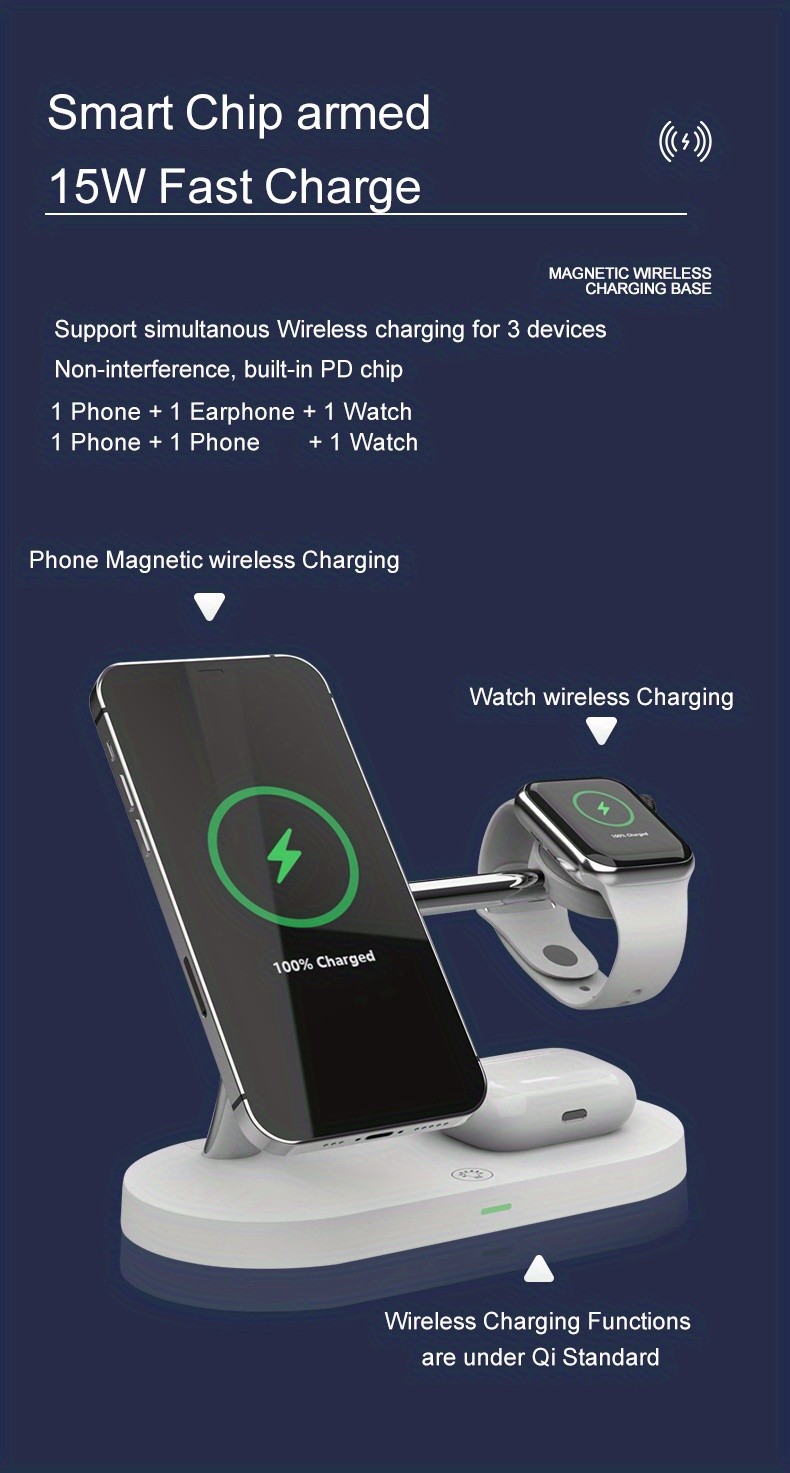 Multi-functional 4-in-1 Wireless Charging Station with Safety Protections for Earbuds