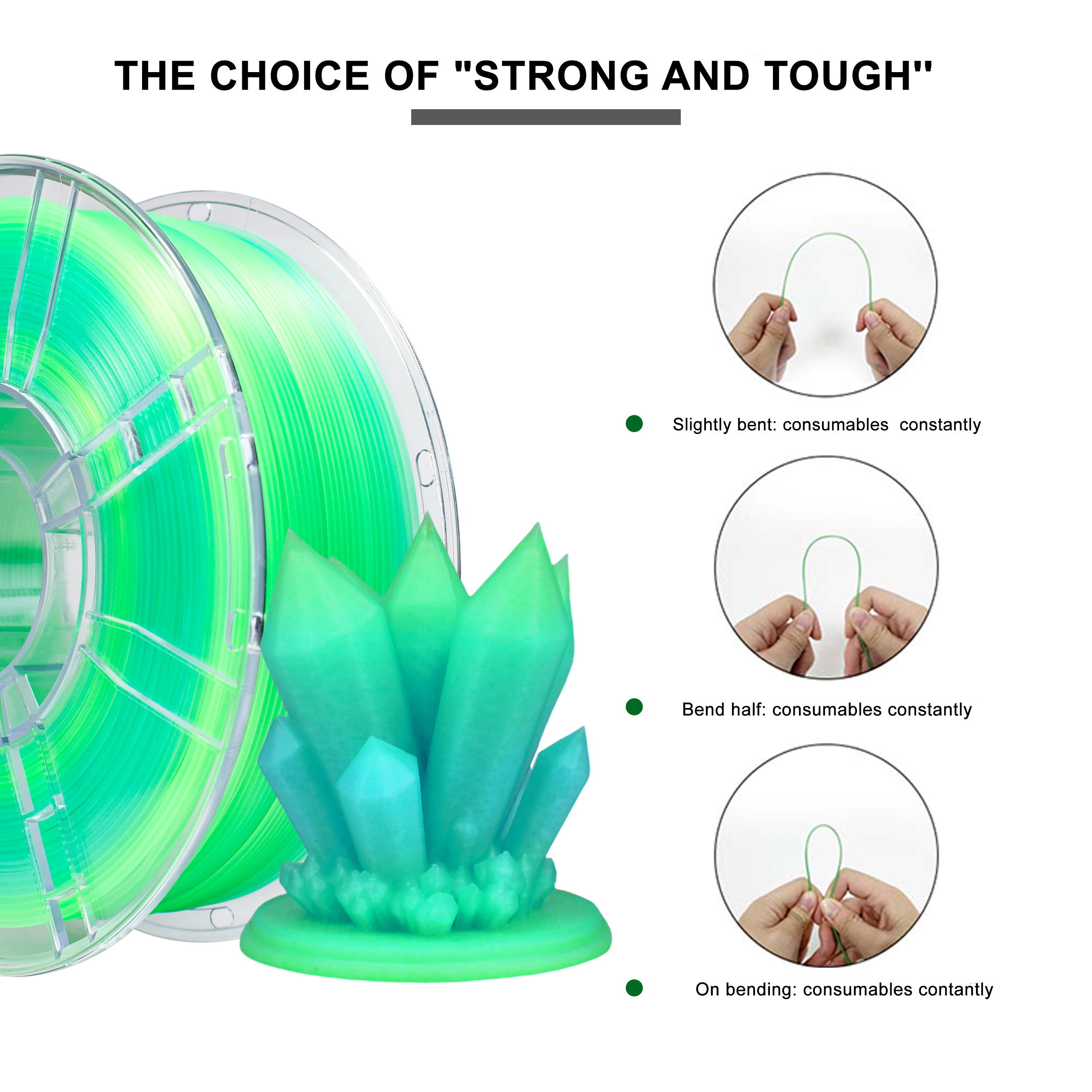 Gradient PLA Plus 3D Printer Filament 1.75mm+/-0.02mm, Transparent Dual Color Blue Green PLA+ Filameent 1kg Spool