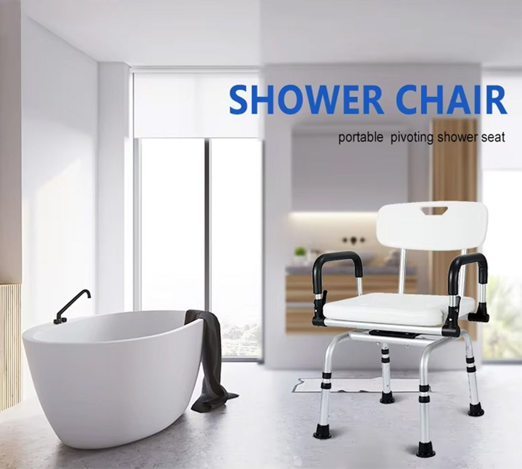Adjustable Height with Removable Back 360 Degree Rotary Shower Chair with Armrests and Back