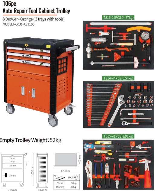 36in 3 Drawer Rolling Tool Cabinet Cart 106pcs High Grade