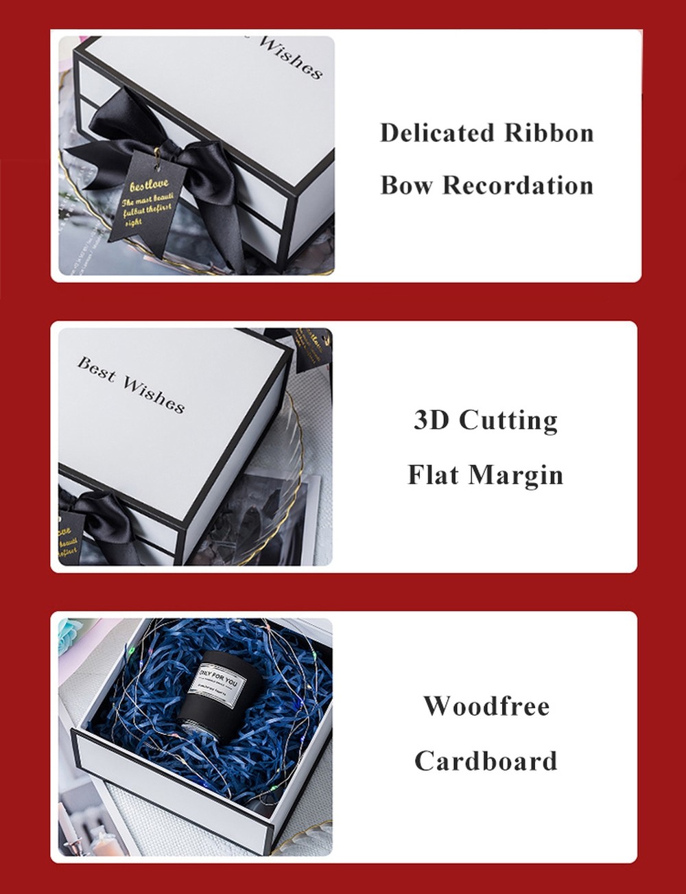 Rigid White Magnetic Cardboard Gift Boxes With Black Rim And Ribbon Bow