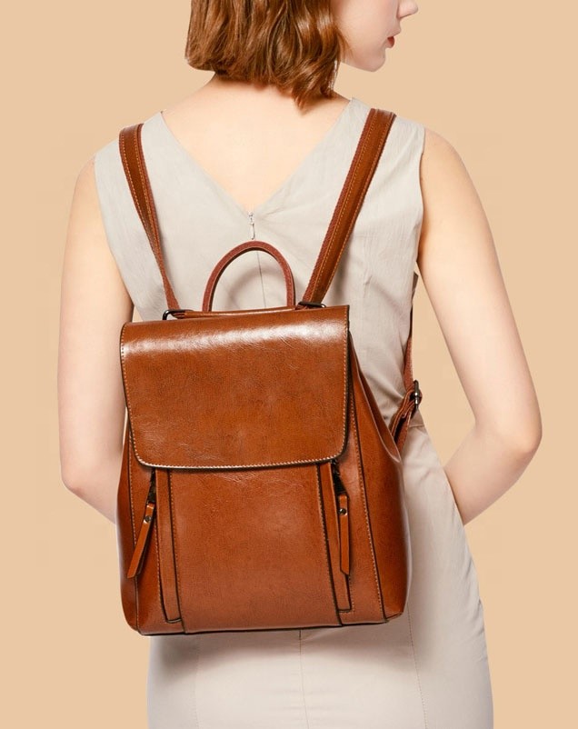 Fast Delivery New Fashion Oil Wax Real Leather Student Women Backpack Bag