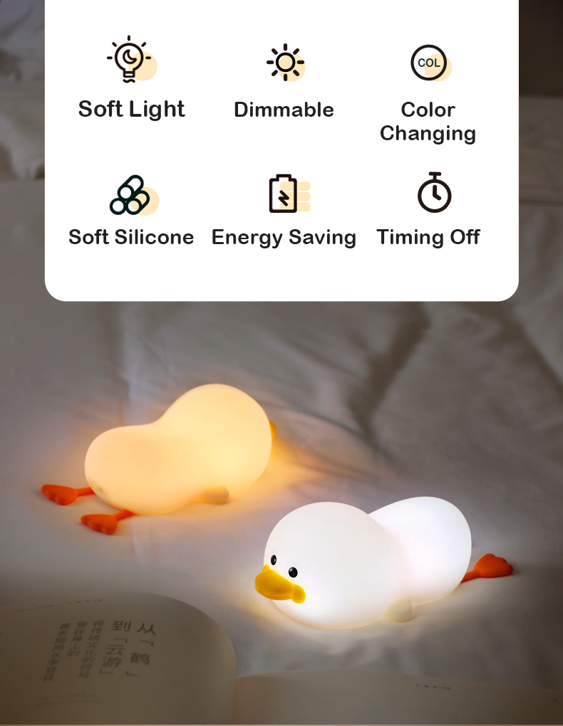 Cartoon Silicone Duck LED Night Light for Children's Bedroom Working Time hours 30000