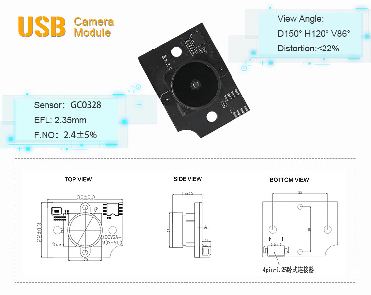 0.3MP GC0328 Sensor 150 Degree Wide Angle Micro USB Camera Module