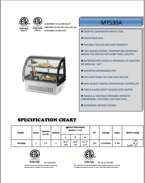 R134a Secop Countertop Refrigerated Bakery Display Case CE ETL