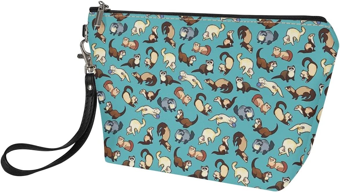 Cute Ferrets Print Small Zipper Makeup Bag with Strap Water Resistant PU Leather Cosmetic Bag