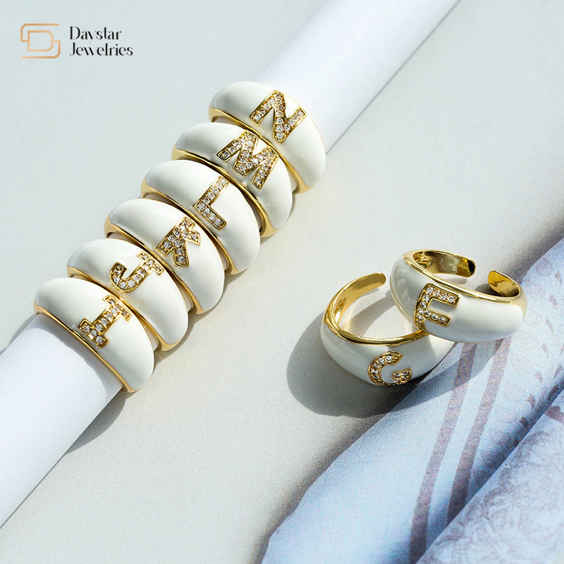 Colorful Enamel Diamond Letter Rings , Alphabet Zircon Gold Plated Chunky Rings