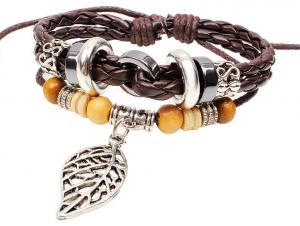 China Maple wood beads beaded leather woven leather bracelet alloy bohemian bracelet on sale