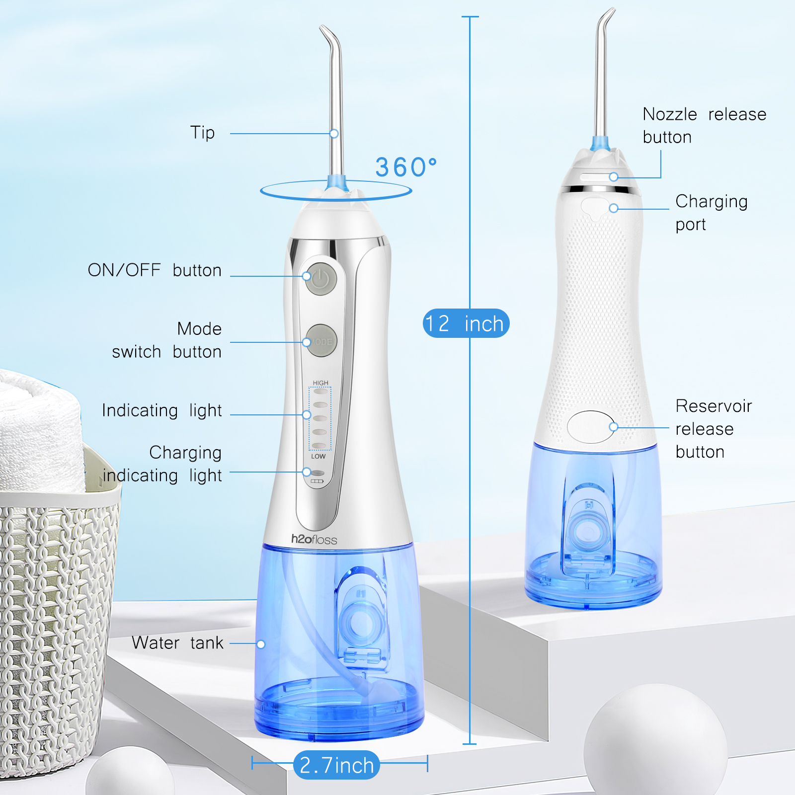 ABS Water Flosser Professional Cordless Dental Oral Irrigator 360 rotated
