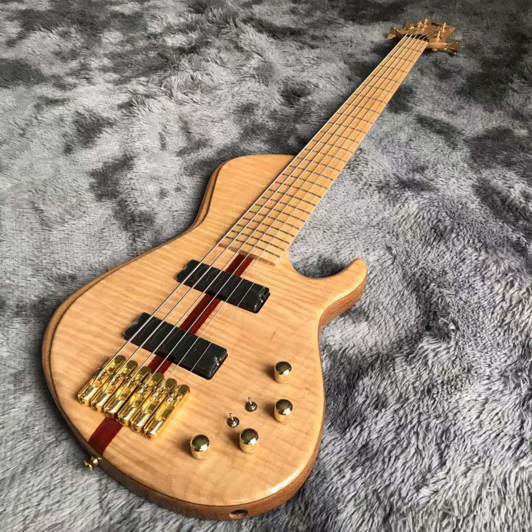 Custom Neck Throu Body Flamed Maple Top Ash Wood 6 Strings Guitar Bass with 940mm Scale Lengthen