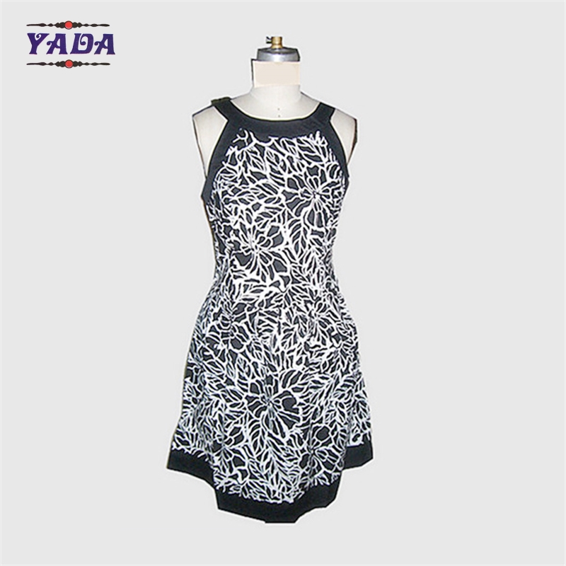 New fashion round neck sleeveless flower printed casual dresses brand pretty women knitted dress in cheap price