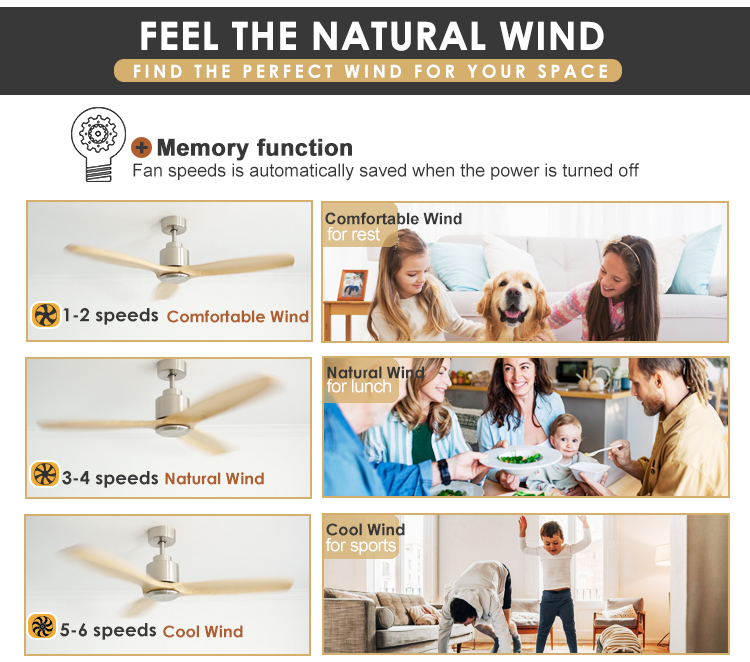 Solid Wood Blades DC Ceiling Fan with Large Airflow Class A Energy Efficiency Rating