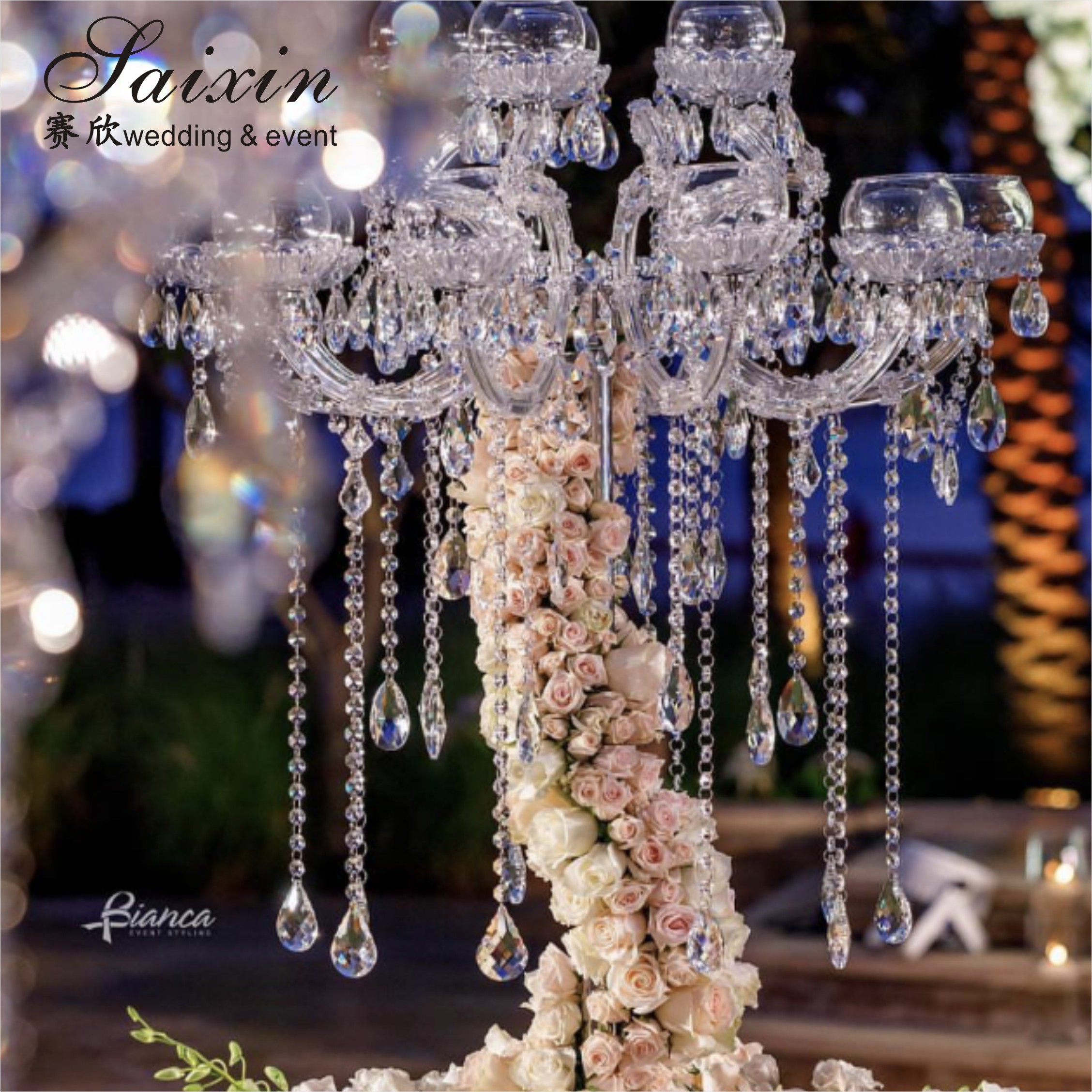 Hot Sale Tall Wedding Decoration 5 Arms Clear Wedding Crystal Centerpiece Candelabra