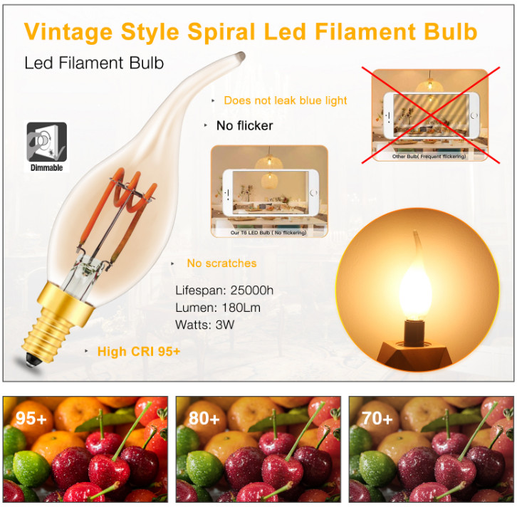 Flexible Soft Spiral LED Filament Bulb C35 E27 E14 Dimmable 180lm