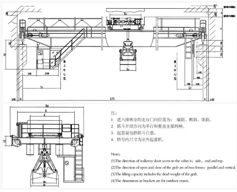 Warehouse Double Girder Overhead Crane With Grab Bucket