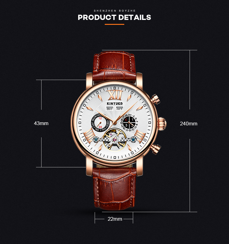 KINYUED J017-1 White Dial Gold Case Leather Strap Complete Calendar Skeleton Automatic Mechanical relojes Watch