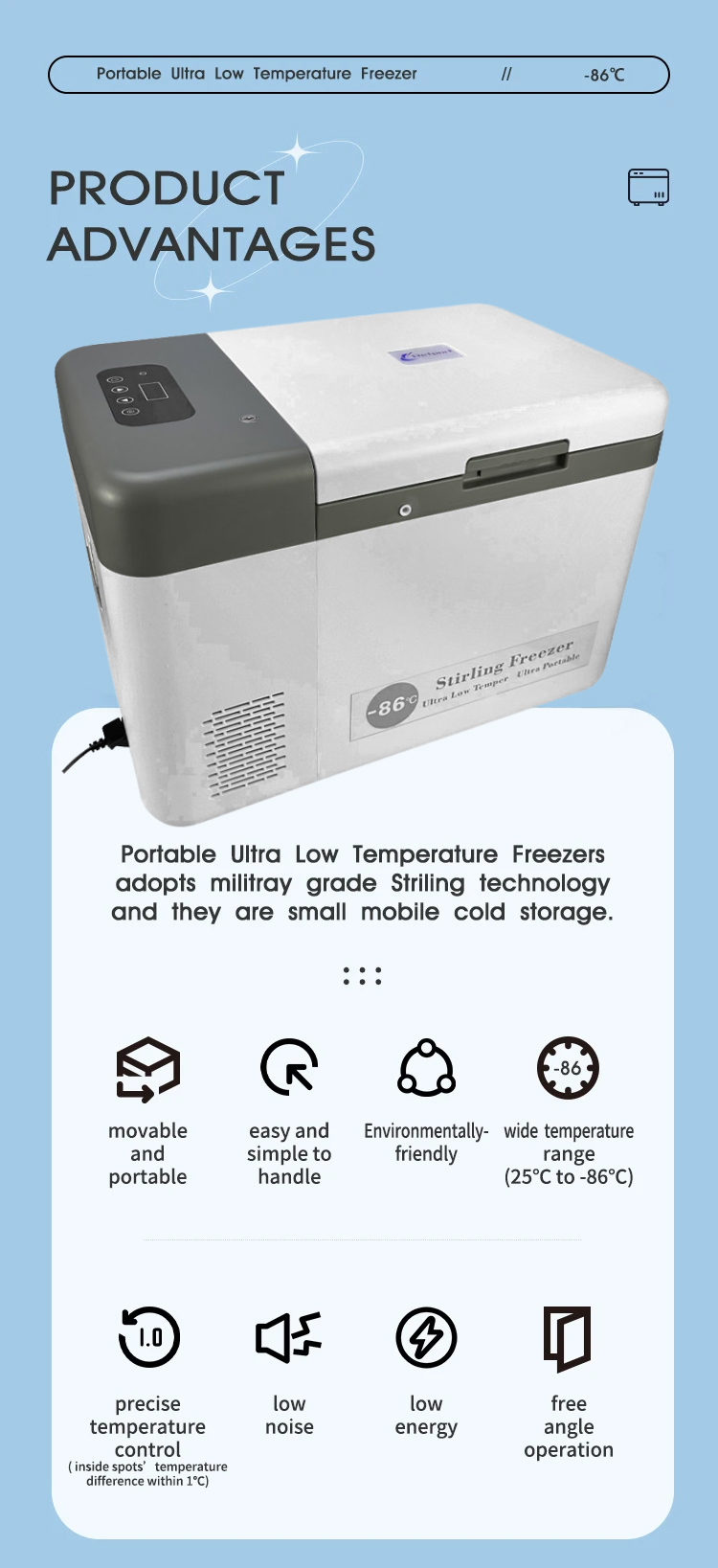 25L Minus 86 Degrees Celsius Medical Transfer Freezer Compact and for Vaccine Storage