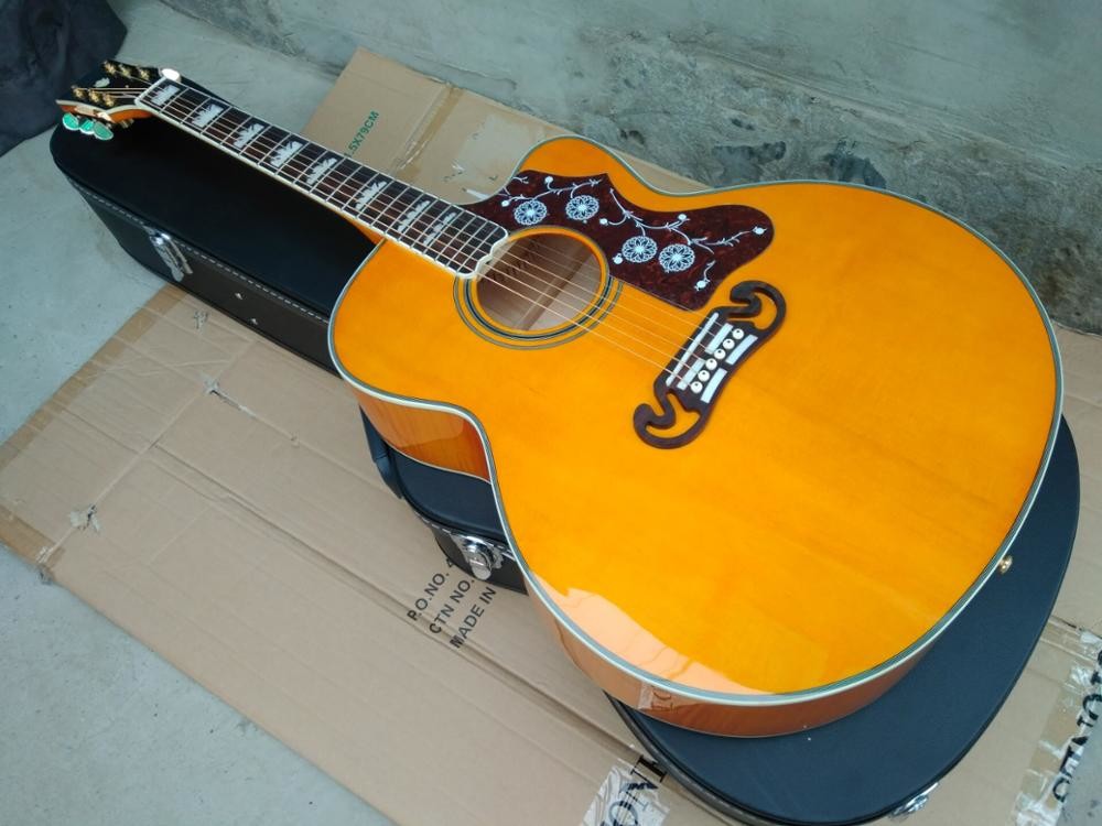Top quality Yellow 43 inch Cutaway G200 classical Acoustic Guitar,Factory Tiger Flame maple G200vs guitar Acoustic