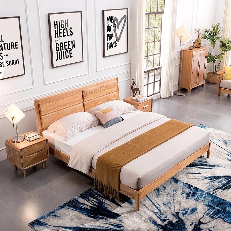New Modern Simple Design King Size Oak Solid Wood Bedroom Furniture Nordic Bed
