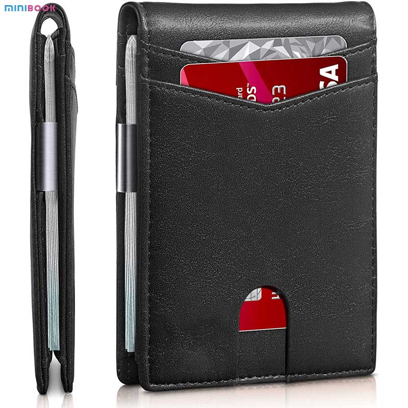 Anti-RFID Protected Slim Metal Money Clip Designer Wallet for Men in Genuine Leather