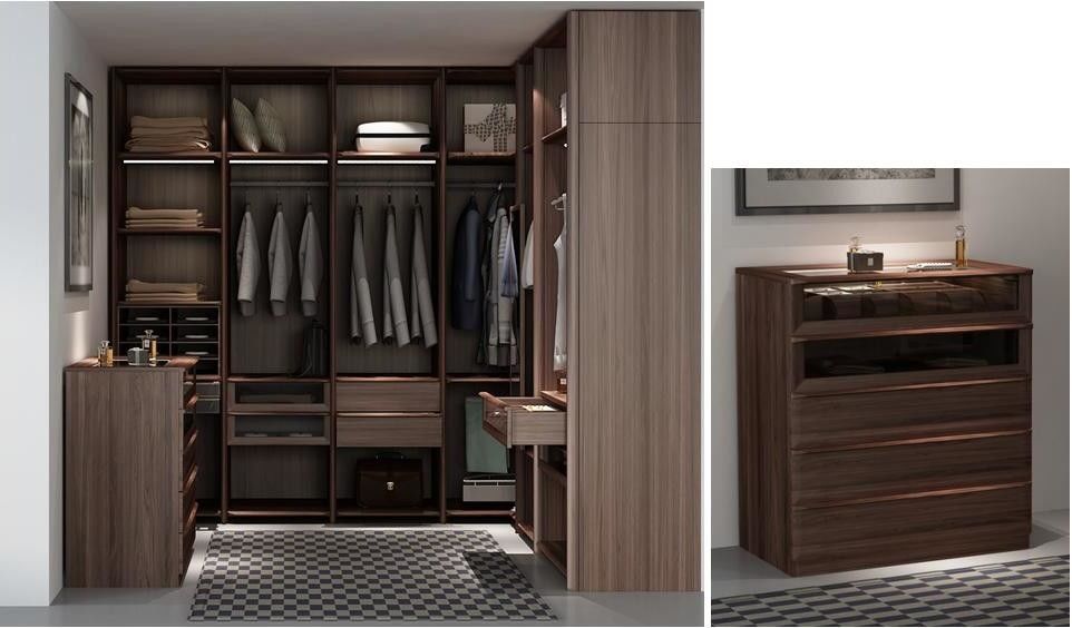 Custom Furniture Walnut wood Built Walk in Wardrobe Closet with Cloth display racks and Storage Cabinets