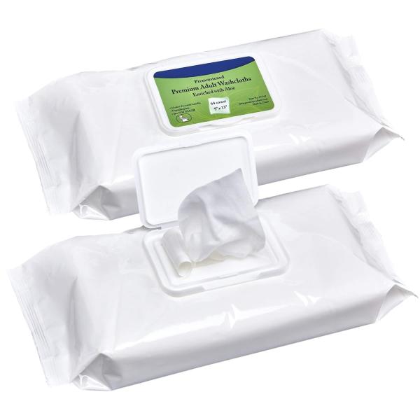 Disposable Wet Adult Wipes, 64 Pack - Pre Moistened Soft Washcloths for Elderly