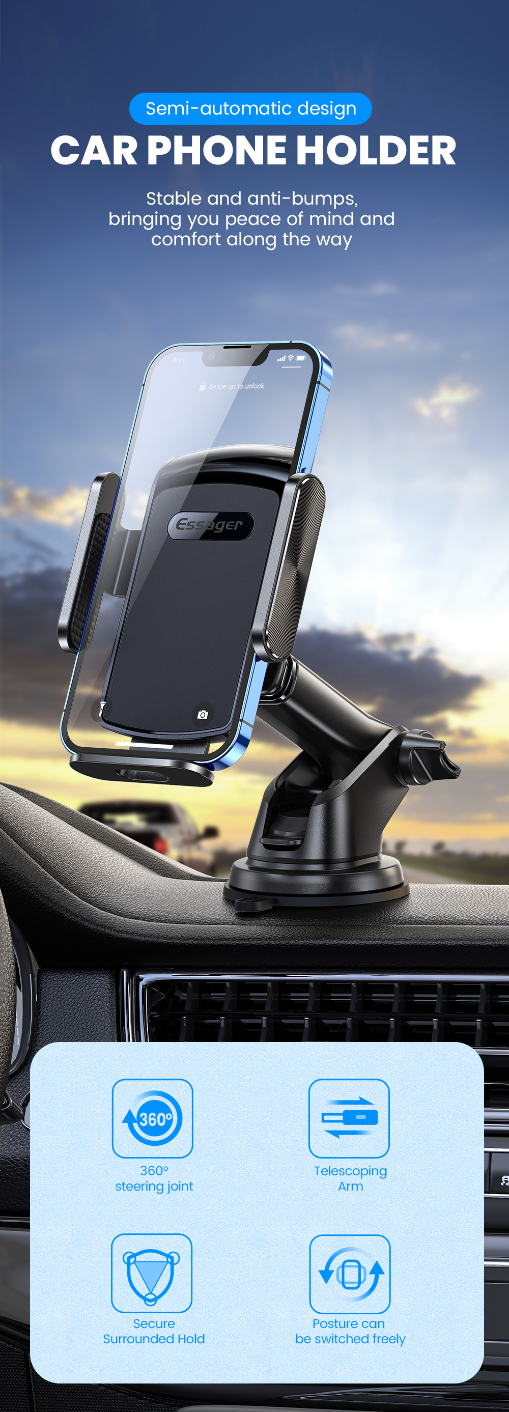 Long Arm Semi Automatic Cell Phone Stand Retractable For Car