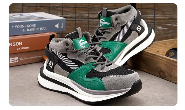 Steel Toe Mid-cut Pigskin And Flying Knit Safety Boots For OEM Security Work