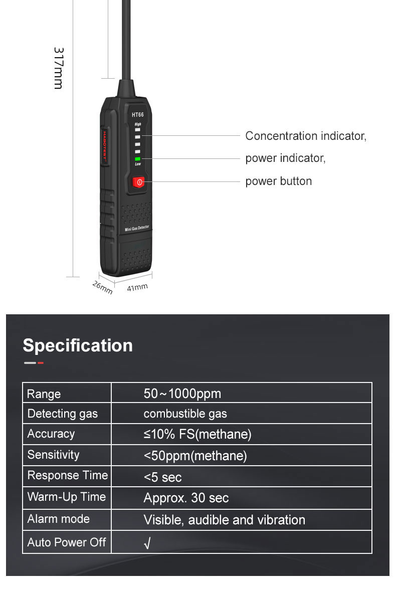HT66 Gas Leak Detector for Combustible Flammable Natural Methane Gas Visible and Audible Alarm