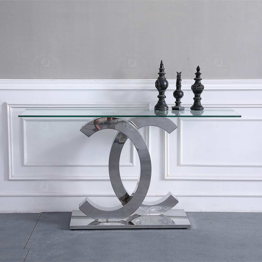 Rectangular OEM SS Console Table With Clear Tempered Glass Top