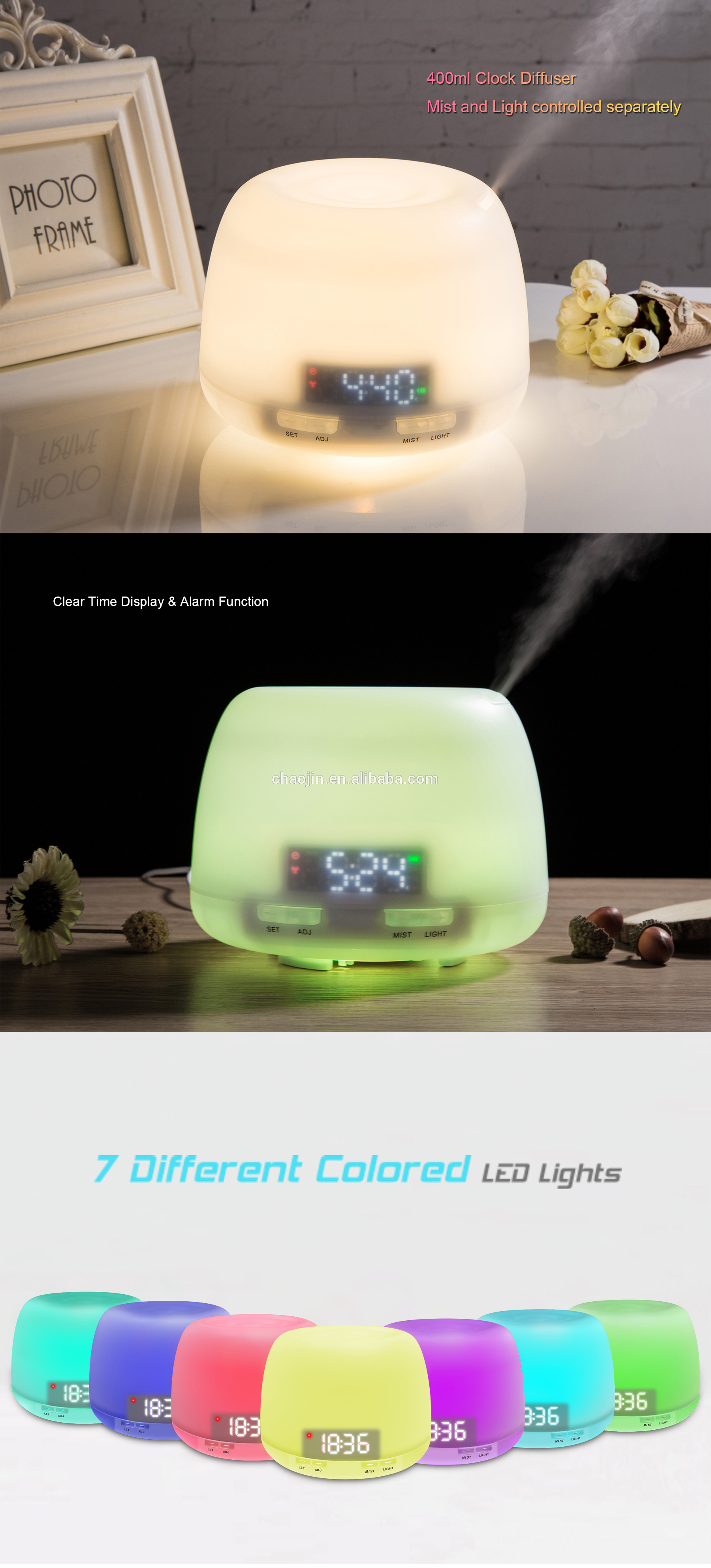 Home Alarm Clock Essential Oil Diffuser With 7 Color LED Light