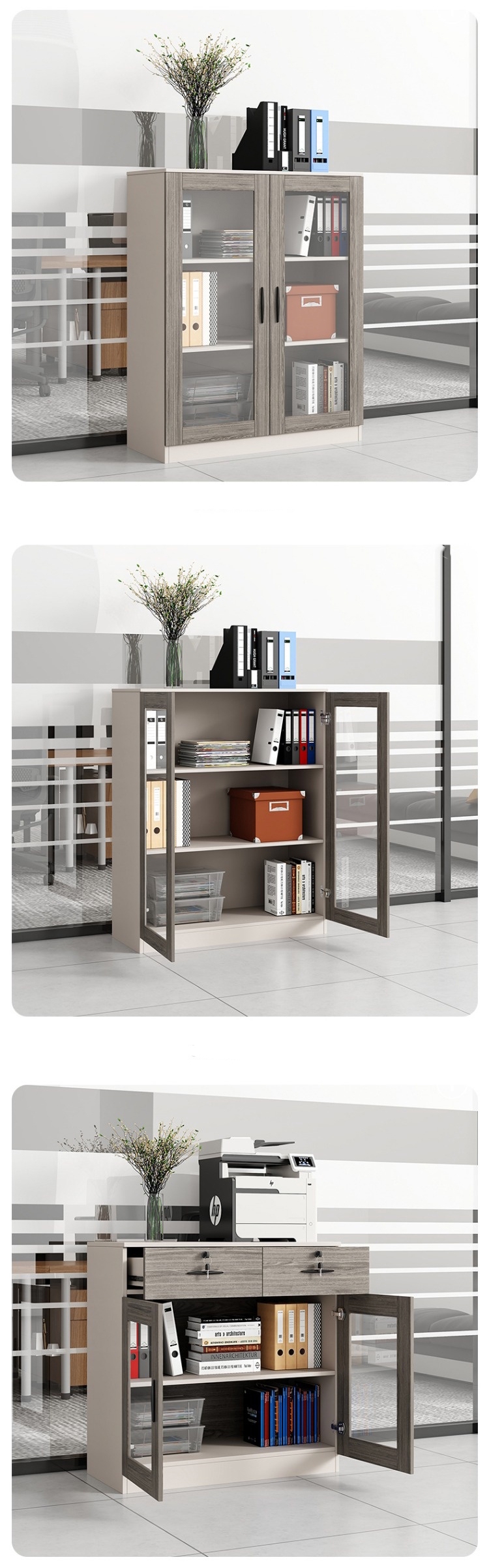 Wooden Frame Glass Locking Storage Cabinet for Office Printer and Filing Storage