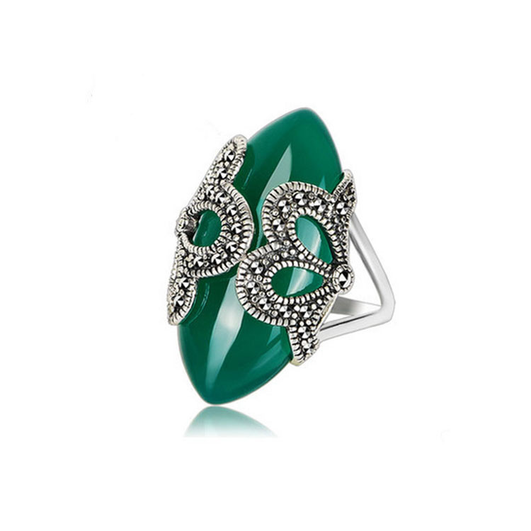 925 Vintage Sterling Silver Marcasite Ring with Green Onyx (R111704)