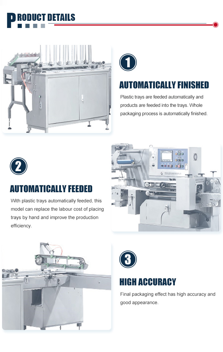 Reduce Labour Cost Industry Tray Packing Machine Plastic Tray Auto Feeding Food Automatic Packing Line
