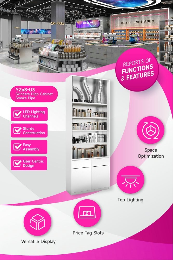 YZoS-U3 Pipe Decor Scene Skincare Display Cabinet with LED Lighting Channels