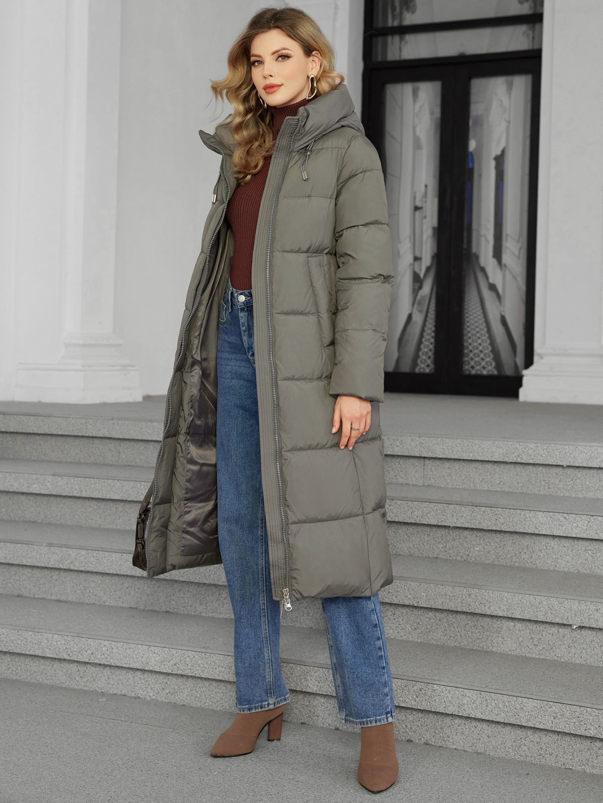 Bio Fluff Woman Coat Hooded Thickened Long Cotton Coat with Slanted Placket and Pleats for Bio Fluff Women s Style, down or biddown coat