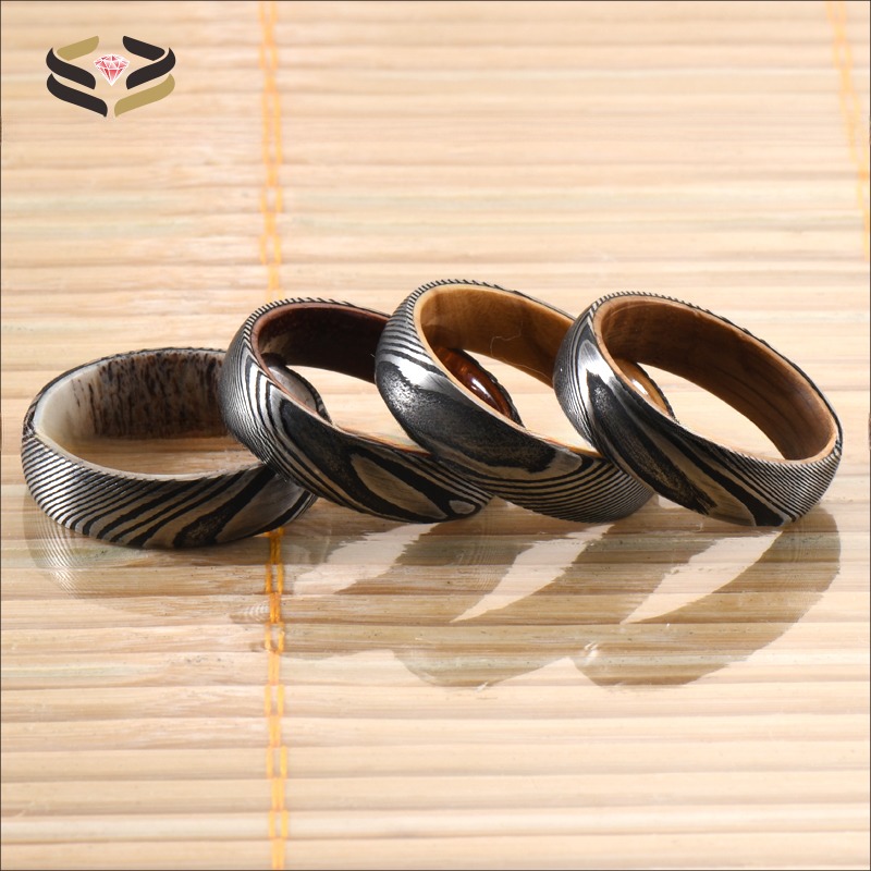 Etched Wedding Damascus Steel Rings 6mm 8mm With Deer Antler Sleeve Inlay