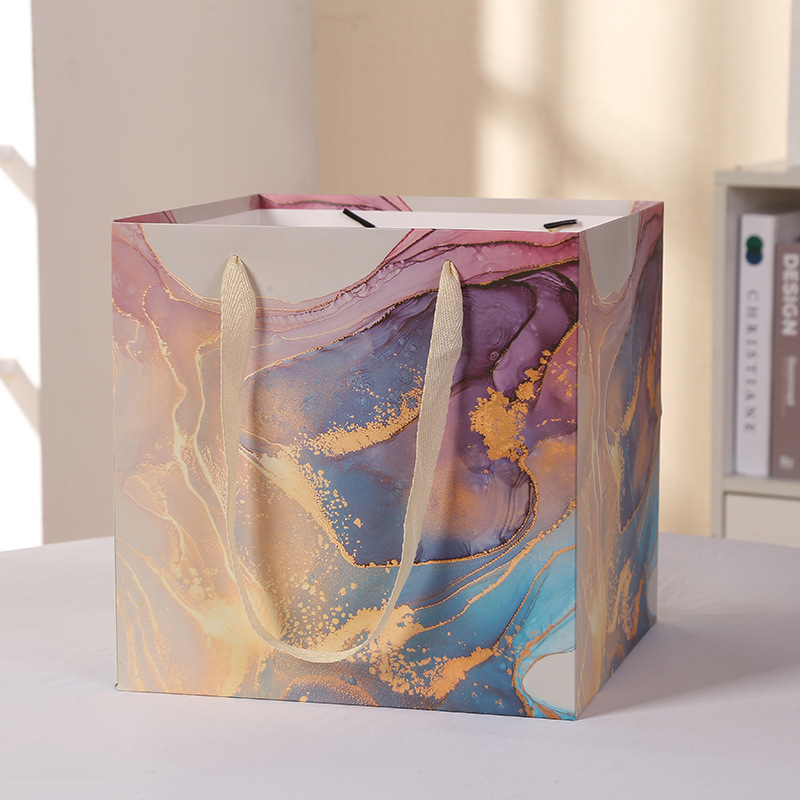 Custom Color Accepted White Card Square Bag with Marble Gift Bag and Flower Window