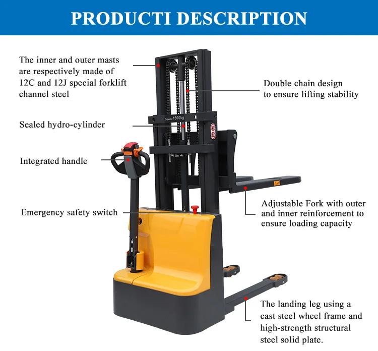 2.2kw Straddle Pallet Stacker Steel Structure Electric Lift Pallet Stacker