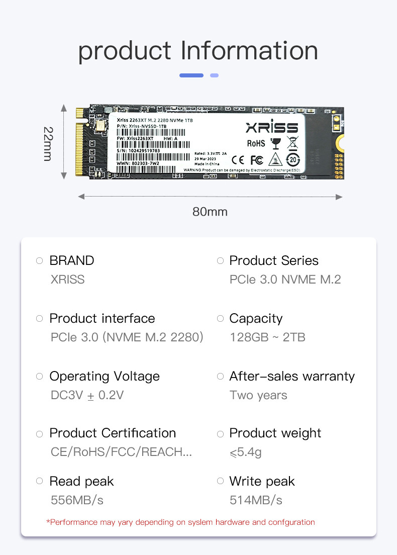 XRISS M.2 Pcie NVME SSD Internal Hard Disk 128GB 256GB 512GB 1TB 2TB Hard Drive