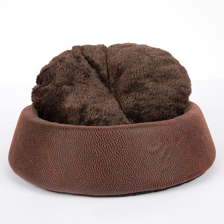 Weigth 270g Soft Round Cat Bed Brown Color PU Leather Material Customized Logo