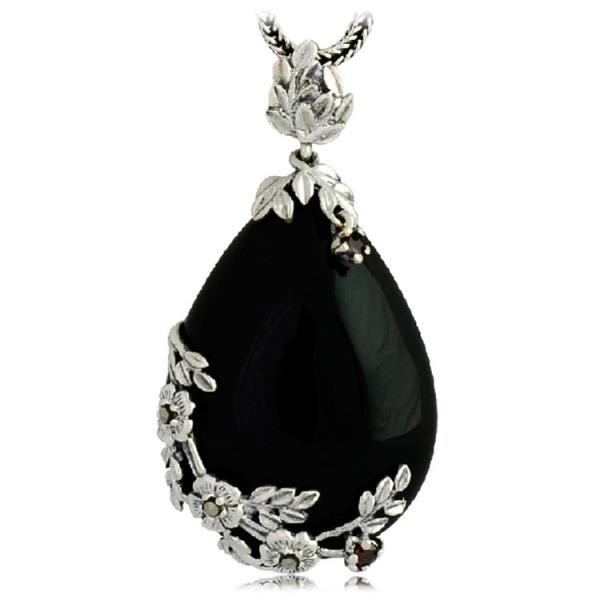Vintage Jewelry 925 Silver Marcasite Drop Black Agate Pendant Necklace 18 Inches