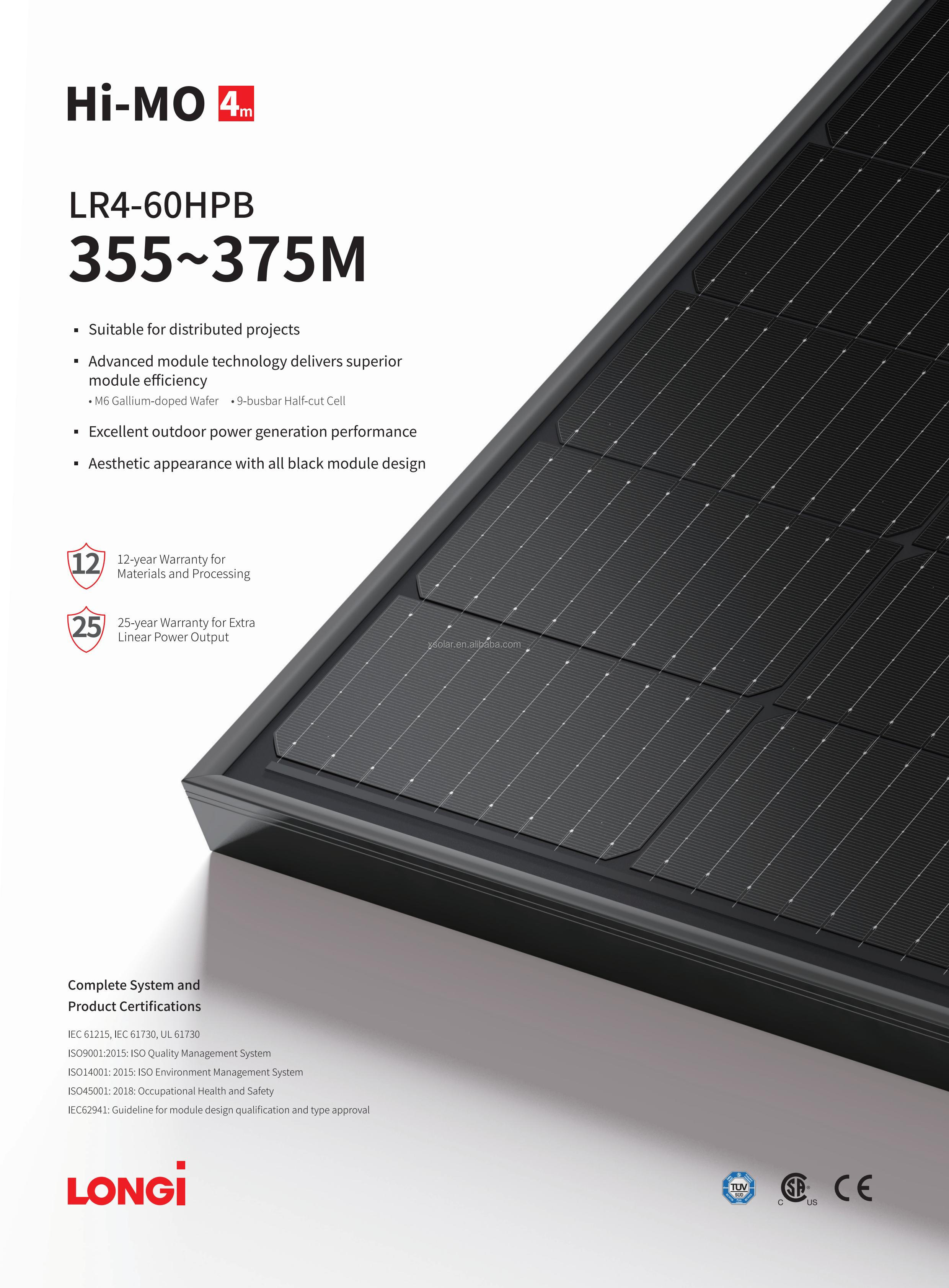 LONGi Hi-MO 4m LR4-60HPB 355-375M Mono Solar Panel 355W 375W for 182mmx182mm Cell Size