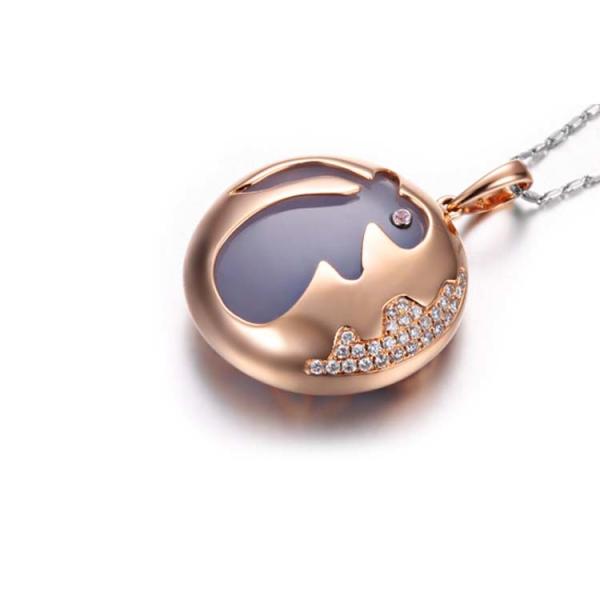 New 18K Rose Gold Natural Blue Chalcedony Rabbit Design Charm Pendant Necklace