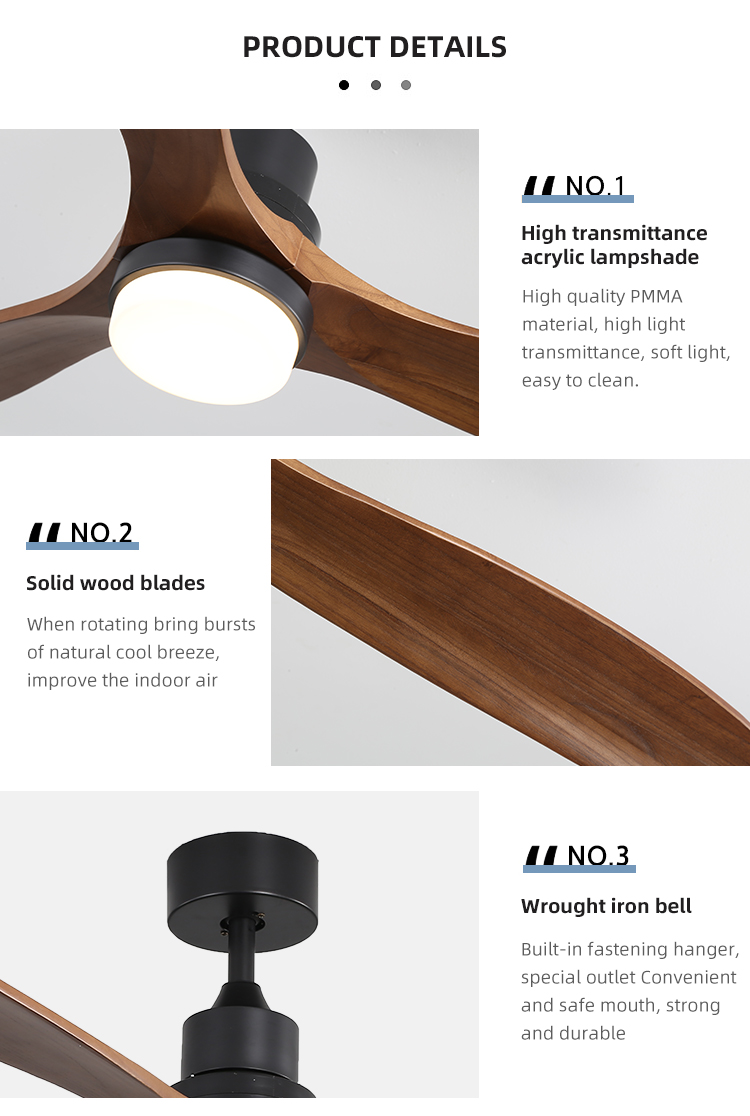 Indoor Remote Control 1500LM Solid Wood Ceiling Fan Light 120V 3000-5000K