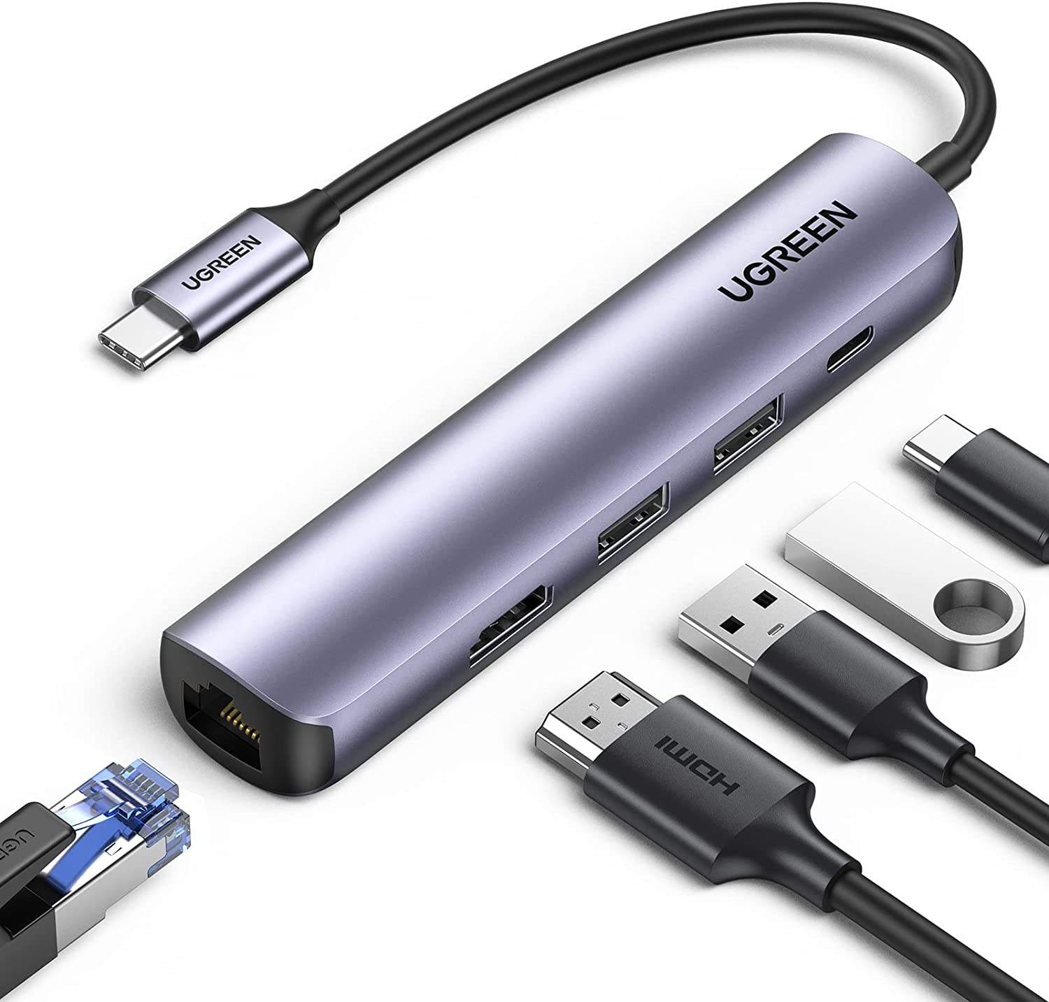 USB C Hub 60Hz 5-in-1 Gigabit Ethernet Adapter with 4K HD-MI PD 100W Fast Charging and 2 USB 3.0 Type C Multiport Adapter